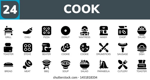 cook icon set. 24 filled cook icons.  Collection Of - Grill, Chili, Pizza, Donut, Waitress, Mixer, Chop, Salad, Toaster, Stove, Beater, Cookie, Drumsticks, Sausage, Dish, Bread