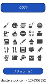  cook icon set. 25 filled cook icons. Simple modern icons about  - Fork, Bread, Grill, Ladle, Salad, Fry, Apron, Pan, Spatula, Toaster, Stove, Sauce, Skewer, Muffin, Soup, Cutlery