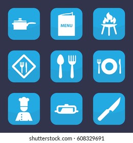 Cook icon. set of 9 filled cook icons such as pan, spoon and fork, plate fork and spoon, chef, restaurant, menu, knife