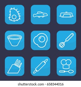 Cook icon. set of 9 outline cook icons such as pan, chef hat and spoon, corolla, bowl, dough pin, knife, egg, extinct sea creature
