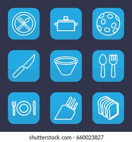 Cook icon. set of 9 outline cook icons such as spoon and fork, bread slices, plate fork and spoon, bowl, pan, knife
