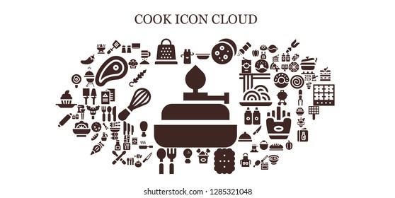  cook icon set. 93 filled cook icons. Simple modern icons about  - Burner, Apron, Spatula, Grater, Bowl, Cookie, Fried chicken, Spoon, Rolling pin, Fried egg, Salt, Soup, Oven