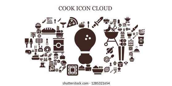  cook icon set. 93 filled cook icons. Simple modern icons about  - Fried chicken, Pot, Spaghetti, Pizza, Spoon, Knife, Toaster, Salad, Bonnet, Waffle, Steak, Bbq, Tomato sauce