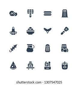 cook icon set. Collection of 16 filled cook icons included Fries, Bread, Barbecue, Pizza, Ingredients, Salt, Pot, Skewer, Slotted spoon, Sausage, Salad, Apron, Grater, Cookie