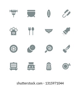 cook icon set. Collection of 16 filled cook icons included Pizza, Salt, Toaster, Grill, Knife, Fried egg, Sausage, Tomato slice, Colander, Cutlery, Apron, Tongs, Bread, Cauldron