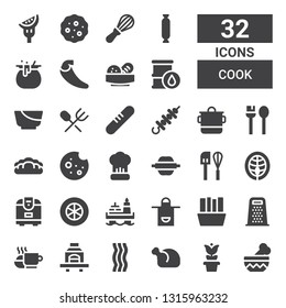 cook icon set. Collection of 32 filled cook icons included Bowl, Pot, Chicken, Bacon, Barbecue, Meal, Grater, Fries, Apron, Oil, Tomato slice, Rice cooker, Salmon, Mixer, Rolling pin