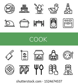 cook icon set. Collection of Chicken breast, Chicken, Restaurant, Pot, Carving, Dinning table, Sausage, Oil, Oven, Cleaver, Round bread, Mayonnaise, Steak, Cutlery, Apron icons