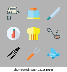 cook icon set. vector set about fork, flying fish, chef and tools and utensils icons set.