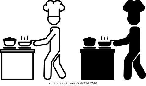 Cook Icons. Black and White Vector Icons. Chef in Hat Cooking Food on Stove. Saucepan with Lid, Frying Pan with Cooked Food. Restaurant Concept