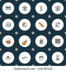 Cook icons colored line set with salt with pepper, kitchen gloves, orange squeezer and other kettle elements. Isolated vector illustration cook icons.