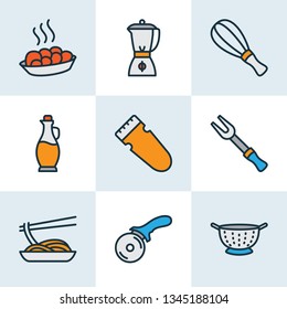 Cook icons colored line set with hot meal, pizza knife, japanese food and other bbq tool elements. Isolated vector illustration cook icons.