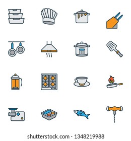 Cook icons colored line set with fish, spatula, tea cup and other dishware elements. Isolated vector illustration cook icons.