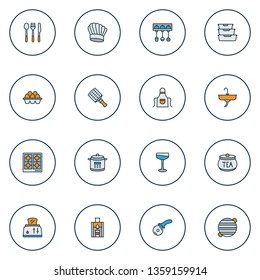 Cook icons colored line set with utensil holder, juicer, stove and other barbecue elements. Isolated vector illustration cook icons.