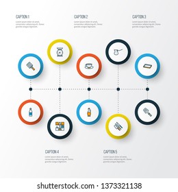 Cook icons colored line set with baking sheet, tea cup, olive oil glass and other alcohol elements. Isolated vector illustration cook icons.