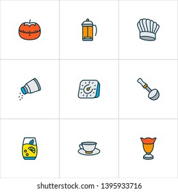 Cook icons colored line set with tea cup, timer, lemonade and other porcelain elements. Isolated vector illustration cook icons.
