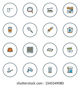 Cook icons colored line set with stove, baking sheet, hand mixer 
 elements. Isolated vector illustration cook icons.