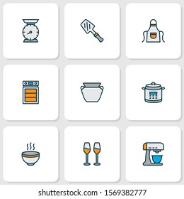 Cook icons colored line set with hot soup, oven, kitchen scales and other cabernet elements. Isolated vector illustration cook icons.