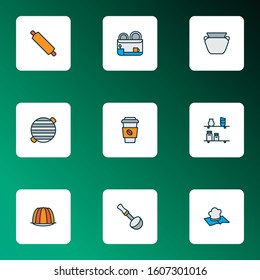 Cook icons colored line set with rolling pin, soup ladle, dish dryer and other decaf elements. Isolated vector illustration cook icons.