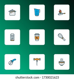 Cook icons colored line set with corkscrew, hot soup, pizza knife and other mixer elements. Isolated vector illustration cook icons.