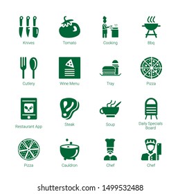 cook icons. Editable 16 cook icons. Included icons such as Knives, Tomato, Cooking, Bbq, Cutlery, Wine menu, Tray, Pizza, Restaurant app, Steak, Soup. cook trendy icons for web.