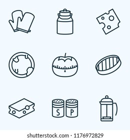 Cook icons line style set with kitchen gloves, milk can, tomato timer and other potholder elements. Isolated vector illustration cook icons.