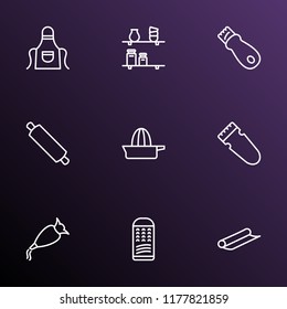 Cook icons line style set with tin foil, rolling pin, whipped cream clay and other grater elements. Isolated vector illustration cook icons.