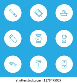 Cook icons line style set with blender, freezer, orange squeezer and other smoothie elements. Isolated vector illustration cook icons.