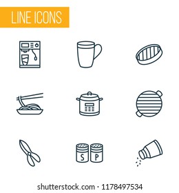 Cook icons line style set with kitchen scissors, japanese food, multicooker and other cup elements. Isolated vector illustration cook icons.