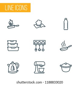 Cook icons line style set with electric kettle, water bottle, hot pan and other storage elements. Isolated vector illustration cook icons.