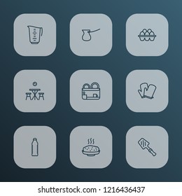 Cook icons line style set with cezve, water bottle, kitchen table and other barbecue tool elements. Isolated vector illustration cook icons.