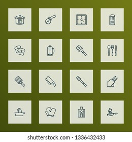 Cook icons line style set with juicer, clock, kitchen gloves and other potholder elements. Isolated vector illustration cook icons.