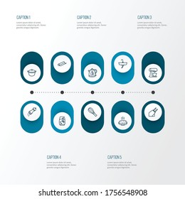 Cook iconos estilo de línea con mezclador, molino de pimienta, lámina de estaño y otros elementos mezcladores. Iconos de cocina de ilustraciones vectoriales aisladas.