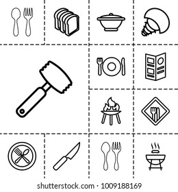Cook icons. set of 13 editable outline cook icons such as plate fork and spoon, barbeque, bread slices, spoon and fork, restaurant, menu, pan, knife, bbq, extinct sea creature