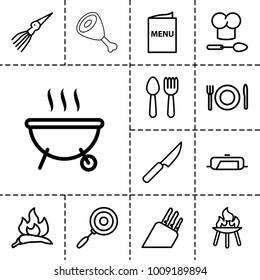 Cook icons. set of 13 editable outline cook icons such as chili, pan, spoon and fork, plate fork and spoon, menu, chef hat and spoon, knife, bbq, barbeque