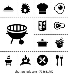 Cook icons. set of 13 editable filled cook icons such as chili, barbeque, noodles fast food, spoon and fork, bbq, chef hat, menu, pan, egg, extinct sea creature, beef, dish