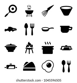 Cook icons. set of 16 editable filled cook icons such as pan, spoon and fork, barbeque, chef hat, bowl, bbq, egg, extinct sea creature, extinct fish