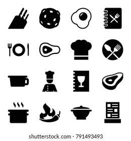 Cook icons. set of 16 editable filled cook icons such as beef, pan, pot, chef, plate fork and spoon, chef hat, menu, knife, egg, extinct sea creature, chili