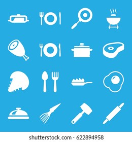 Cook icons set. set of 16 cook filled icons such as beef, pan, spoon and fork, plate fork and spoon, dish, dough pin, pan-fry, knife, egg, extinct sea creature