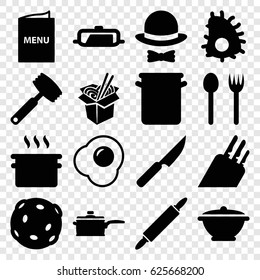 Cook icons set. set of 16 cook filled icons such as pan, noodles fast food, menu, hat and bow, dough pin, knife, egg, extinct sea creature