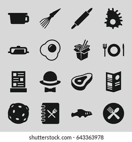 Cook icons set. set of 16 cook filled icons such as beef, pan, noodles fast food, spoon and fork, plate fork and spoon, menu, hat and bow, dough pin, egg, extinct sea creature