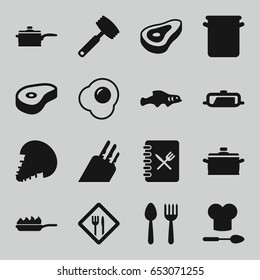 Cook icons set. set of 16 cook filled icons such as beef, pan, spoon and fork, restaurant, menu, chef hat and spoon, pan-fry, knife, egg, extinct sea creature