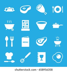 Cook icons set. set of 16 cook filled icons such as beef, pan, spoon and fork, plate fork and spoon, menu, chef hat and spoon, corolla, bowl, egg