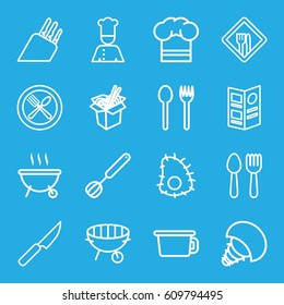 Cook Icons Set. Set Of 16 Cook Outline Icons Such As Spoon And Fork, Noodles Fast Food, Bbq, Chef, Chef Hat, Restaurant, Menu, Corolla, Knife, Barbeque, Extinct Sea Creature