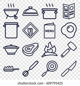 Cook icons set. set of 16 cook outline icons such as dish, beef, chili, restaurant, menu, corolla, pan, pan-fry, knife, egg