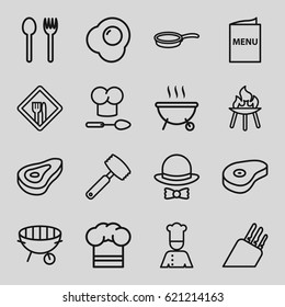 Cook icons set. set of 16 cook outline icons such as beef, bbq, chef, chef hat, restaurant, menu, hat and bow, chef hat and spoon, pan, knife, egg, barbeque