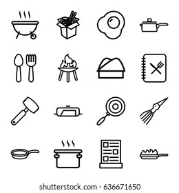Cook icons set. set of 16 cook outline icons such as spoon and fork, pan, noodles fast food, chef hat, menu, pan-fry, knife, bbq, egg, barbeque