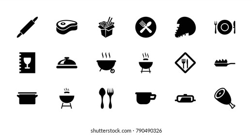 Cook icons. set of 18 editable filled cook icons: beef, pan, dish, barbeque, noodles fast food, spoon and fork, restaurant, menu, dough pin, pan-fry, extinct sea creature