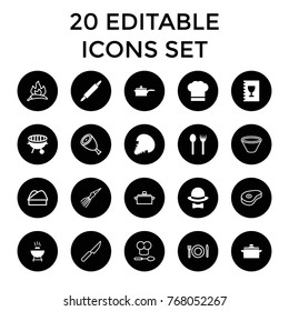 Cook icons. set of 20 editable filled and outline cook icons such as fork and spoon, barbeque, bbq, chef hat, menu, dough pin, pan, extinct sea creature, beef, chili, bowl