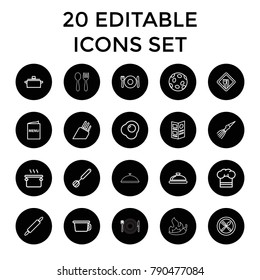 Cook icons. set of 20 editable outline cook icons such as plate fork and spoon, dish, pan, pot, spoon and fork, chef hat. best quality cook elements in trendy style.