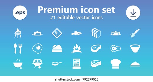 Cook icons. set of 21 editable filled cook icons includes chili, pan, spoon and fork, bread slices, beef, bbq, chef hat, restaurant, menu, bowl, egg, barbeque
